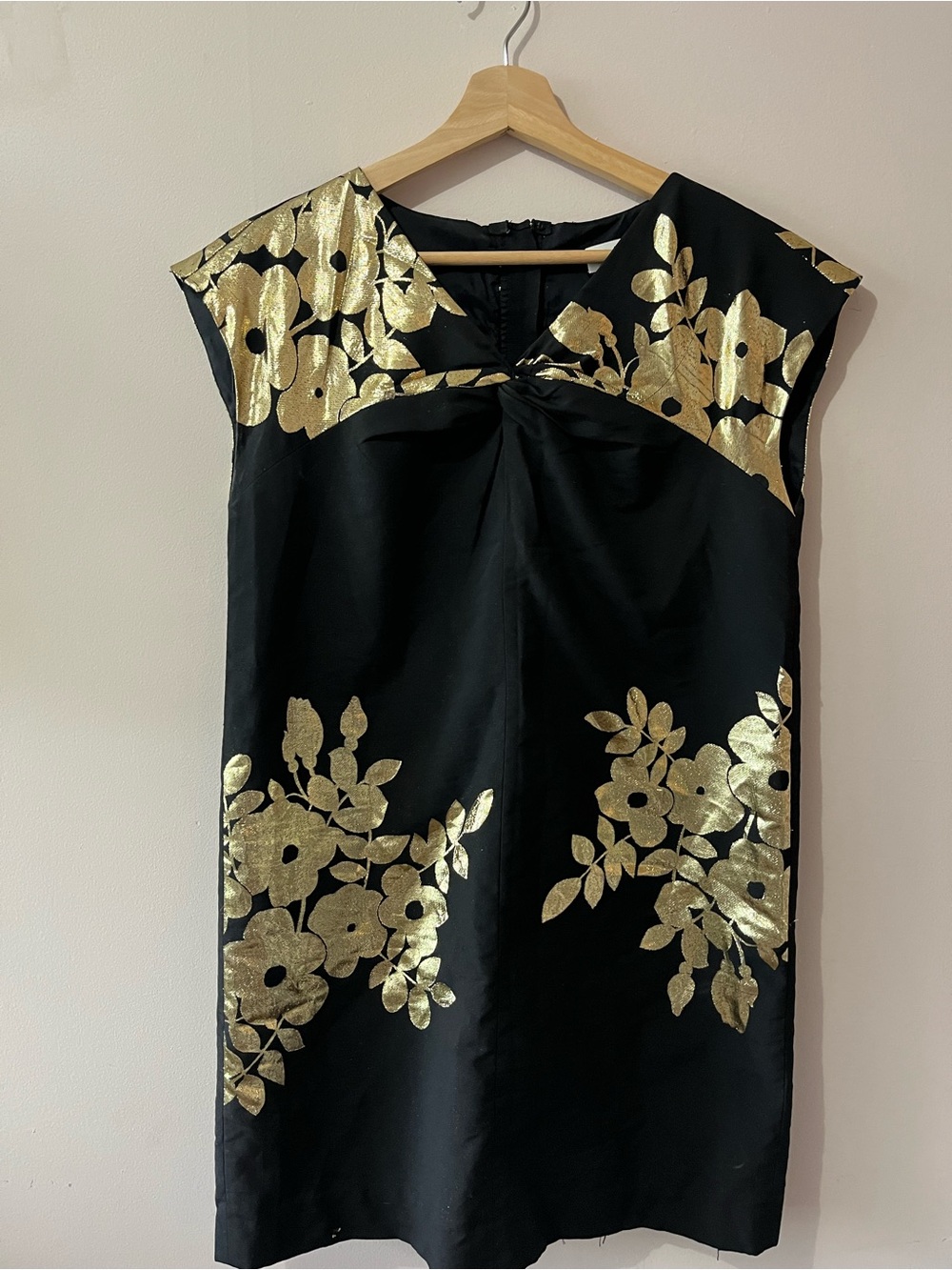 Tibi Black Mini Shift Dress with Gold Floral Print